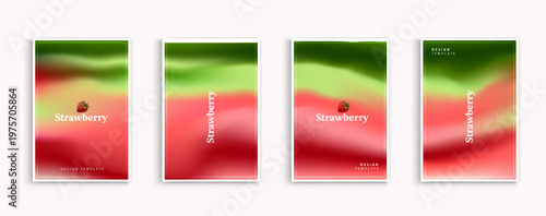 Set of strawberry poster templates with abstract blurred gradient background. Minimal sweet fruit vector illustrations for summer branding, juice packaging, covers. Red green fluid wavy color layout.