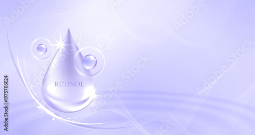 Retinol serum drop on abstract purple background with glowing wavy lines and bubbles. Cosmetic skincare anti aging hydration treatment concept for beauty product presentation vector illustration.