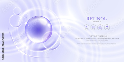 Retinol serum drop on abstract purple background with glowing wavy lines and bubbles. Cosmetic skincare anti aging hydration treatment concept for beauty product presentation vector illustration.