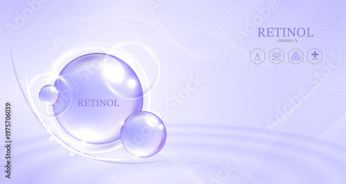 Retinol serum drop on abstract purple background with glowing wavy lines and bubbles. Cosmetic skincare anti aging hydration treatment concept for beauty product presentation vector illustration.