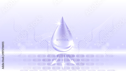 Premium Retinol serum droplet with a protective shield absorbing deeply into human skin cell layers. Detailed cross-section for effective anti-aging treatment illustration.