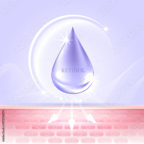 Premium Retinol serum droplet with a protective shield absorbing deeply into human skin cell layers. Detailed cross-section for effective anti-aging treatment illustration.