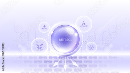 Premium Retinol vitamin A skincare serum deep absorption into skin cells layer concept. Purple glowing bubble with DNA background for medical anti aging cosmetic treatment vector illustration.