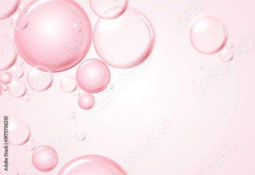Pink transparent moisture bubbles or cosmetic serum water drops on light background. Abstract liquid graphic for skincare, collagen hydration, anti-aging beauty product design with blank copy space.