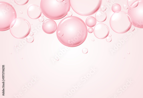 Pink transparent moisture bubbles or cosmetic serum water drops on light background. Abstract liquid graphic for skincare, collagen hydration, anti-aging beauty product design with blank copy space.