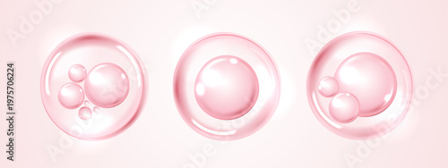 Pink collagen serum water drops. Cosmetic moisture bubbles isolated for skincare, anti-aging beauty product design. Abstract liquid cell graphic for medical and scientific hydration concept banner.