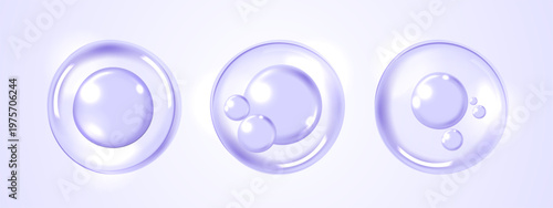 Purple serum moisture water drops. Cosmetic bubbles isolated for skincare, anti-aging beauty product design. Abstract liquid cell graphic for medical and scientific hydration concept banner.