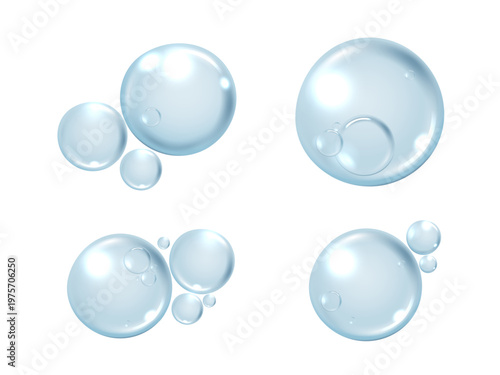 Blue water drops and cosmetic serum bubbles isolated on white background. Realistic 3D liquid graphic for skincare hydration, hyaluronic acid anti-aging beauty product design and medical concept.