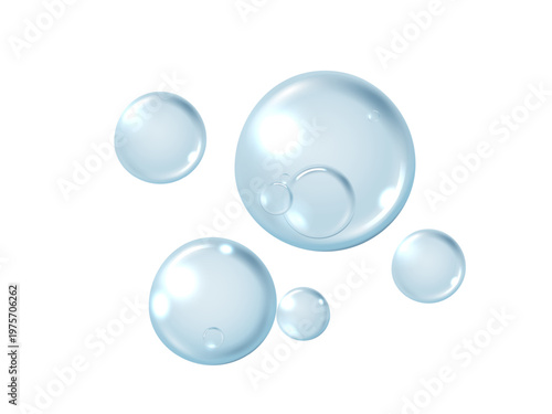 Blue water drops and cosmetic serum bubbles isolated on white background. Realistic 3D liquid graphic for skincare hydration, hyaluronic acid anti-aging beauty product design and medical concept.