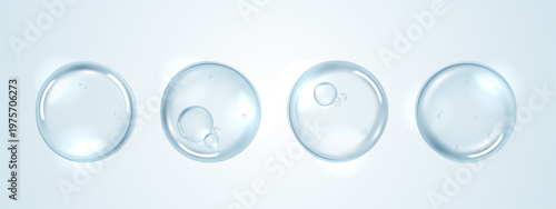 Clear blue water drops and cosmetic serum bubbles isolated on light background. Realistic liquid graphic for skincare hydration, hyaluronic acid anti-aging beauty product and medical design banner.