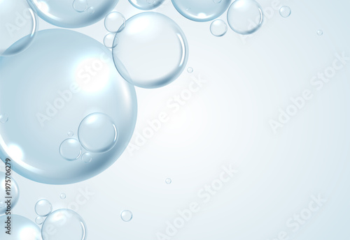 Light blue transparent moisture bubbles and cosmetic serum water drops on pale background. Abstract liquid graphic for skincare hydration, hyaluronic acid beauty product design with blank copy space.