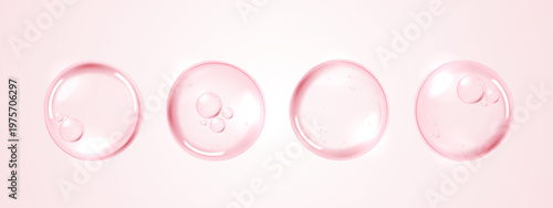 Clear red water drops and cosmetic serum bubbles isolated on light background. Realistic liquid graphic for skincare hydration, hyaluronic acid anti-aging beauty product and medical design banner.