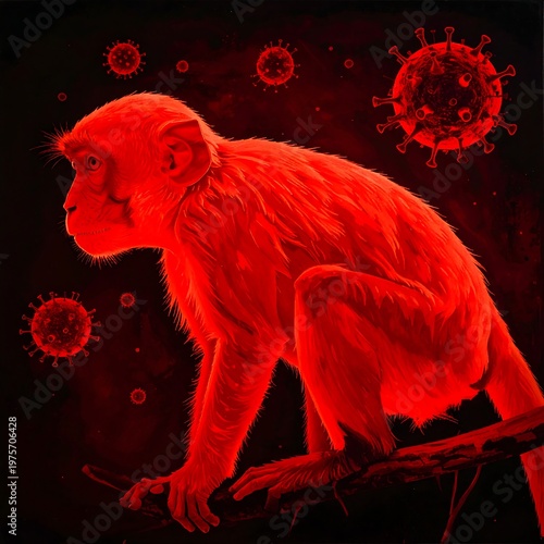 A red-tinted monkey sits on a branch amidst floating virus particles