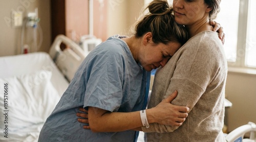 Woman in hospital crying while embracing supportive friend - Concept of International Midwife Day  
