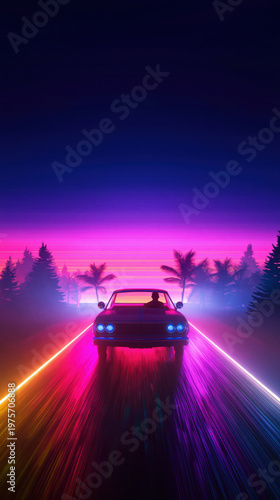 Synthwave Retro Future Cyberpunk Aesthetic retro car driving on neon road at night