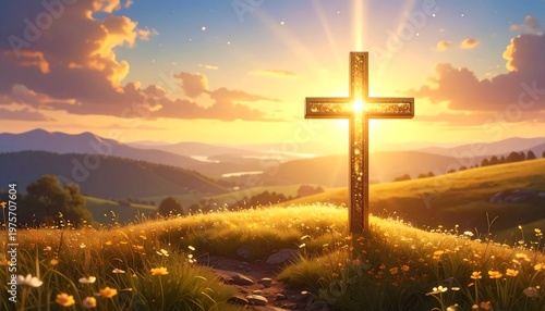 A serene landscape with a cross at sunset over rolling hills