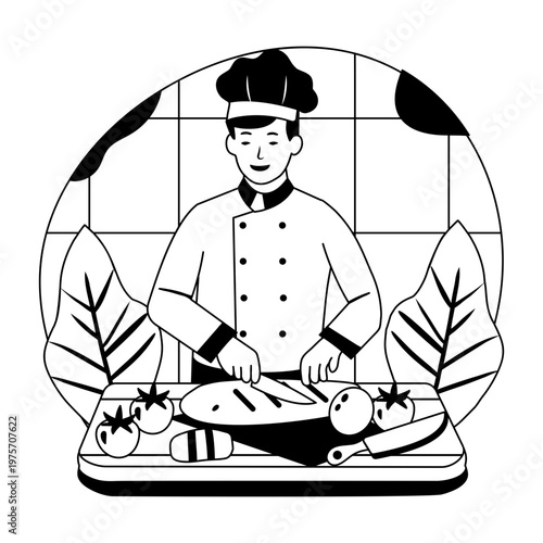 A glyph style illustration showing a chef slicing meat 