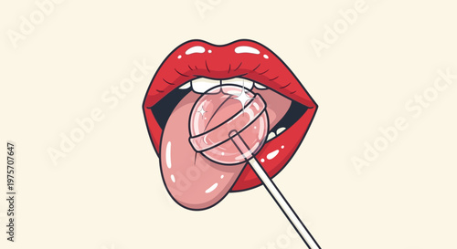A cartoon illustration of red lips with an open mouth and a tongue licking a pink lollipop on a light background.
