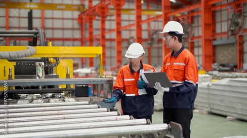 Two engineers in safety gear using tablet inspecting in modern factory