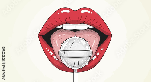Close-up illustration of a mouth with vibrant red lips licking a white lollipop, showing the tongue and teeth.