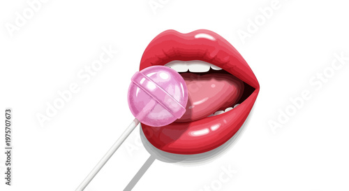 Close-up graphic illustration of glossy red lips with a pink lollipop being licked by a tongue on a white background.