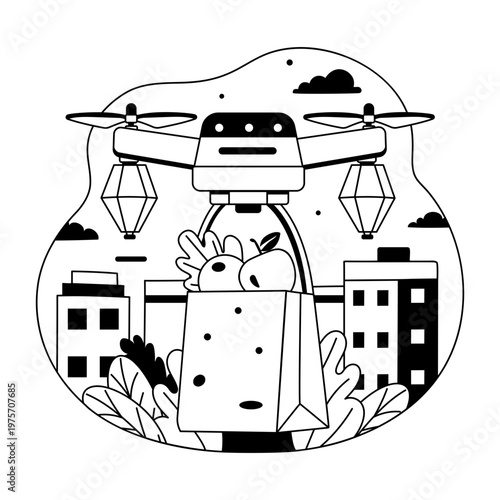 A glyph style illustration showing a drone delivery