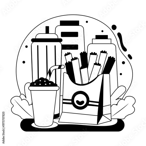 A glyph style illustration showing junk food