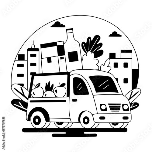 A glyph style illustration showing delivery truck