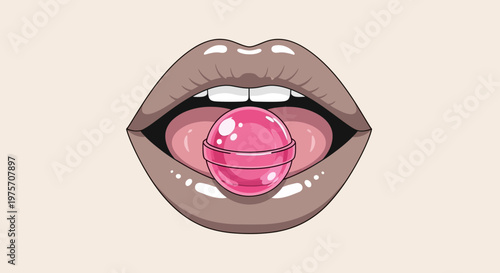 Close-up illustration of open lips with a pink lollipop resting on the tongue, showing a sweet and playful expression.