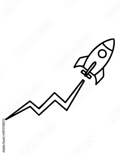 Outline rocket launching upwards with zigzag path - graphic icon representing fast growth startup success innovation or project acceleration line art acceleration progress