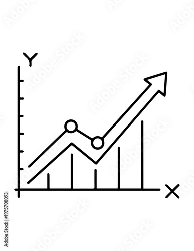 Combined line and bar chart with upward trend arrow - data visualization graphic showing growth fluctuation analysis business performance line graph x axis y axis line art