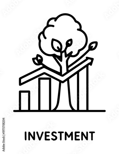 Tree growing on a rising bar chart with the word "investment" below symbolizing sustainable financial growth and long-term asset development line art growth fund future growth