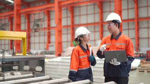 Two engineers in safety gear using tablet inspecting in modern factory