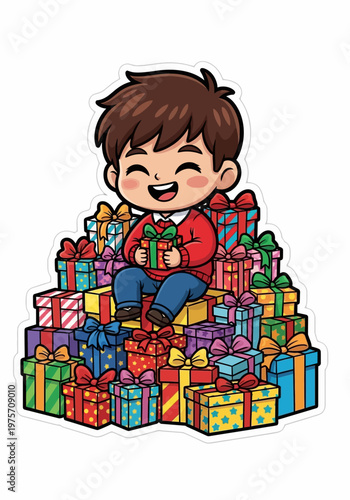 Boy Sitting on Christmas Presents.