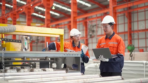 Two engineers in safety gear using tablet inspecting in modern factory