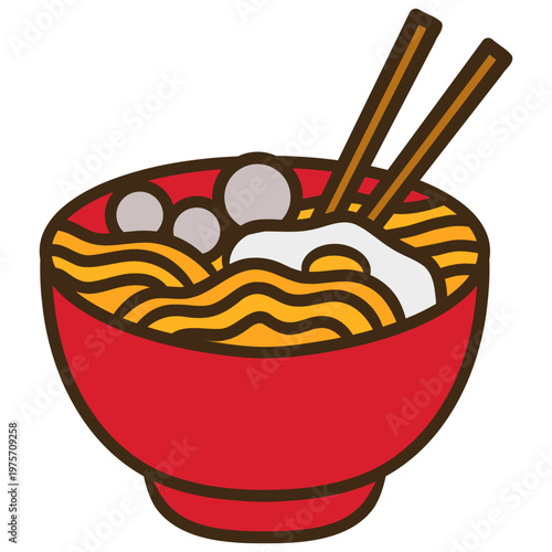 bowl of noodle and meatball illustration