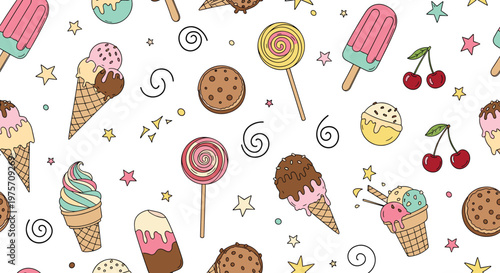 Fun seamless pattern of various sweets including ice cream cones, popsicles, cookies, lollipops, cherries, and stars on white back.