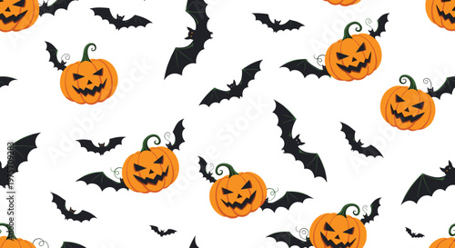 Halloween seamless pattern featuring orange jack-o-lantern pumpkins and black bats flying in various directions on a white background.