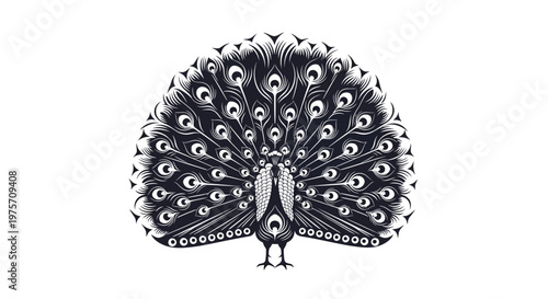 Vintage peacock vector illustration with fanned tail feathers, ornate black and white bird emblem, elegant symmetrical peacock silhouette for luxury branding
