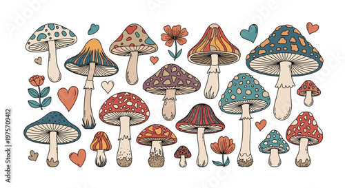 Collection of various colorful mushrooms and hearts in a retro hand-drawn style featuring different patterns and shapes on white.