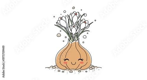 Adorable illustration of a smiling flower bulb sprouting white crocus flowers from the earth celebrating the arrival of spring.