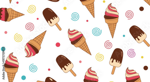 Seamless pattern of various ice cream treats including cones and popsicles decorated with colorful dots and spiral shapes on white.