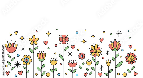 Colorful illustration of various stylized flowers growing from the bottom edge interspersed with hearts, stars, and dots on white.