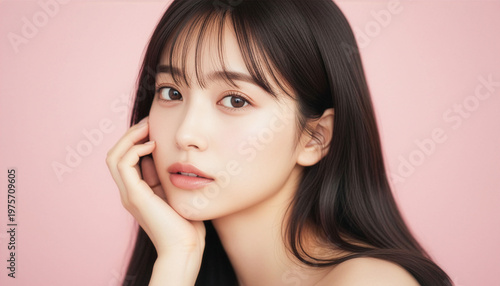 頬に手を添えた自然な仕草と淡いピンクトーンでやさしい美しさを表現した、スキンケア広告向け女性ビジュアル