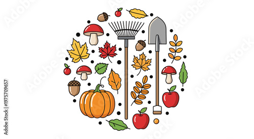 Festive autumn circle including a rake, shovel, pumpkin, and various fallen leaves representing a bountiful fall harvest and garden season.