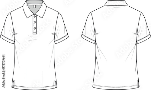 Technical Flat Sketch of a Men's Short Sleeve Polo Shirt Template Featuring a Three-Button Placket and Side Slit Detail