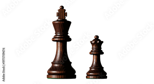 Dark wood chess king and queen pieces, realistic wooden chessmen vector illustration, business strategy and leadership concept on white background