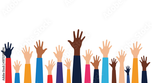 Crowd of diverse hands of various skin tones reaching upwards in a gesture of unity, collaboration, or volunteering for a positive cause.