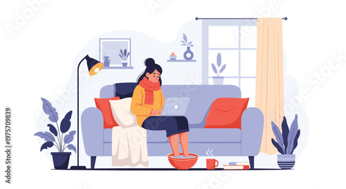 Illustration of a woman feeling unwell sitting on a sofa with her feet in a bowl of warm water while working on her laptop at home.