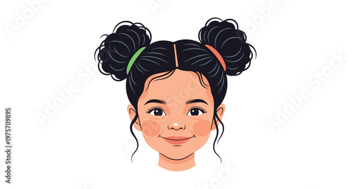 Close up portrait of a young girl with dark hair styled in two playful buns with colorful hair ties against a plain white background.